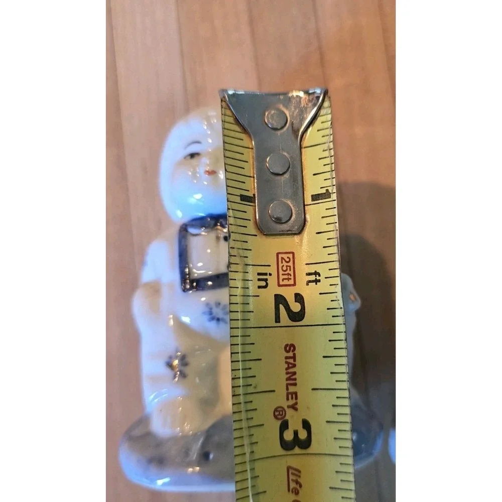 VTG Cottagecore Blue White Porcelain Boy & Girl Figurines Cat & Dog Gold Accents